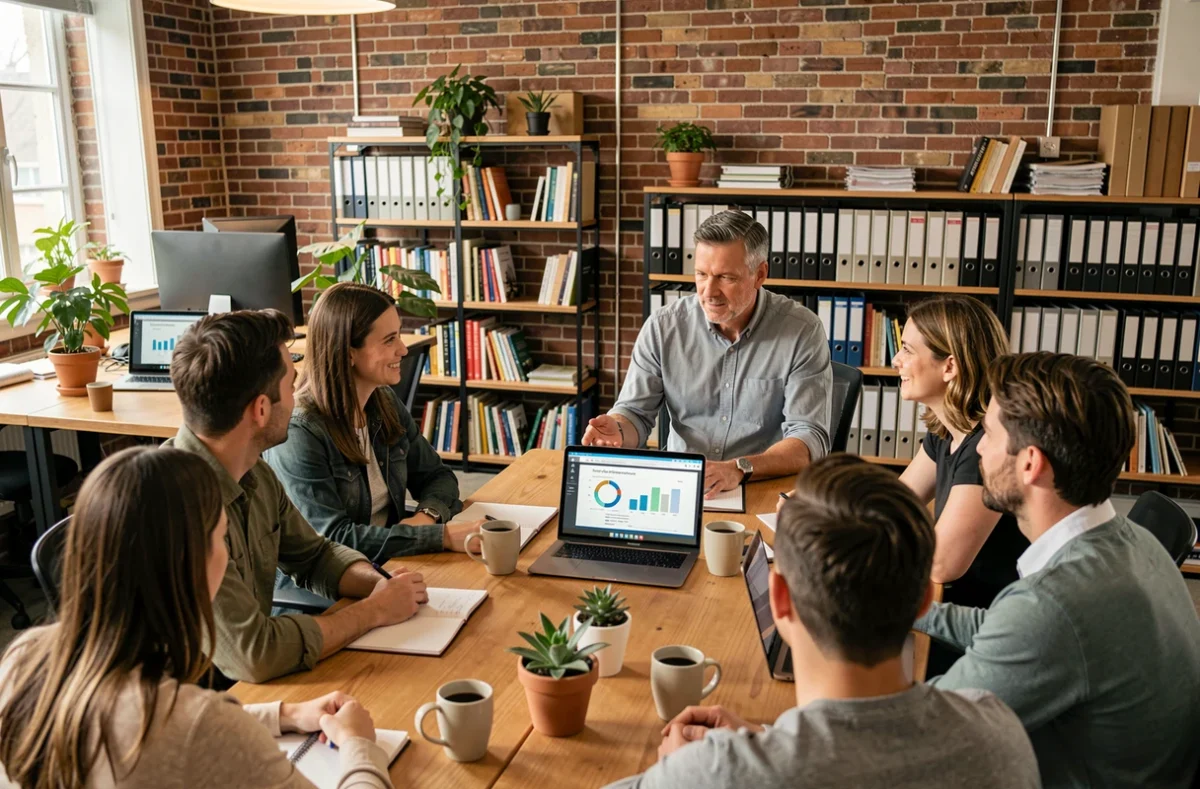 Homme présentant un bilan de compétences à des collègues dans un espace de coworking moderne