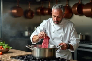 Chef professionnel en train de blanchir des morceaux de bœuf dans une grande casserole d'eau froide sur un fourneau de cuisine professionnelle