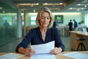Femme consultant des documents financiers lors d'une clôture de compte titres au Crédit Agricole