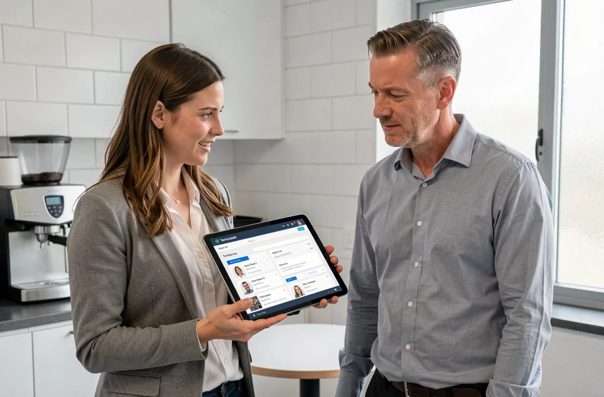Deux collègues consultant ensemble un tableau de bord RH sur une tablette dans une salle de pause, dans le cadre de la gestion des ressources humaines La Poste