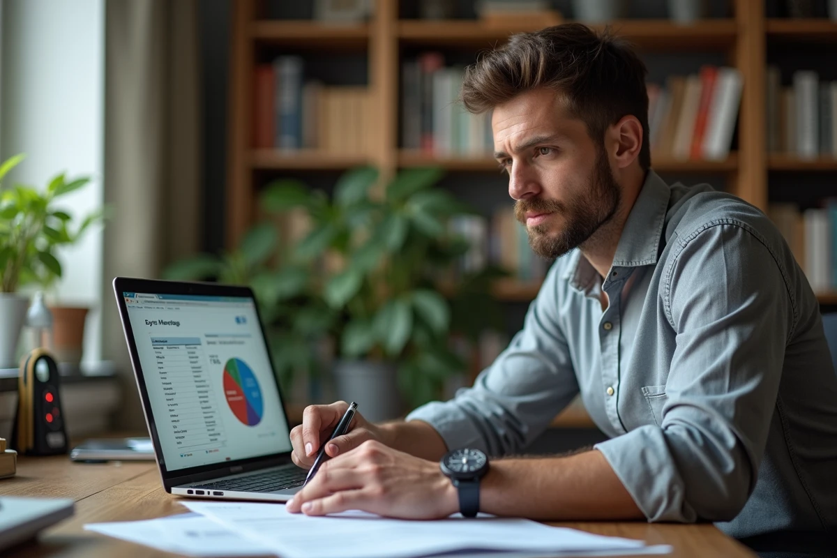 Un homme compare les taux immobiliers Casden sur ordinateur depuis son bureau à domicile