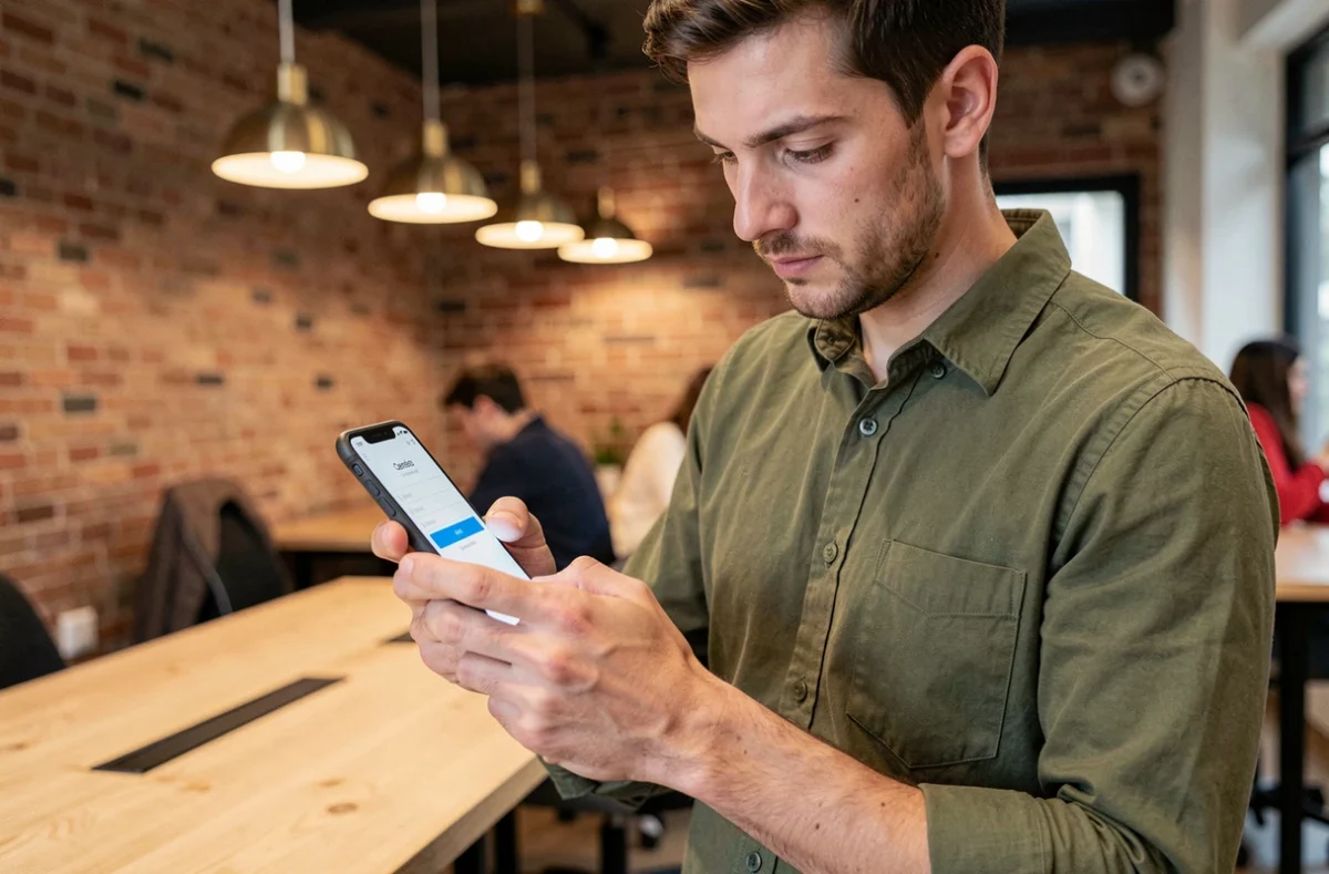 Jeune professionnel utilisant son smartphone pour se connecter à un portail RH dans un espace de coworking