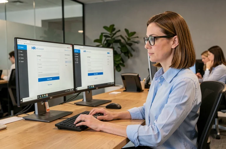 Femme connectée à un portail RH en ligne sur un poste de travail en open space, illustrant l'accès à MaBoxRH ou GTA La Poste