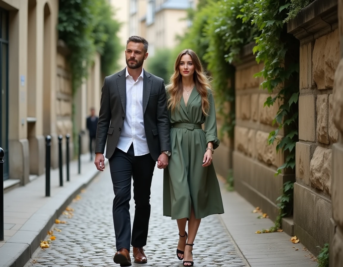 Duo élégant se promenant dans une rue pavée parisienne, illustrant une relation entre célébrités