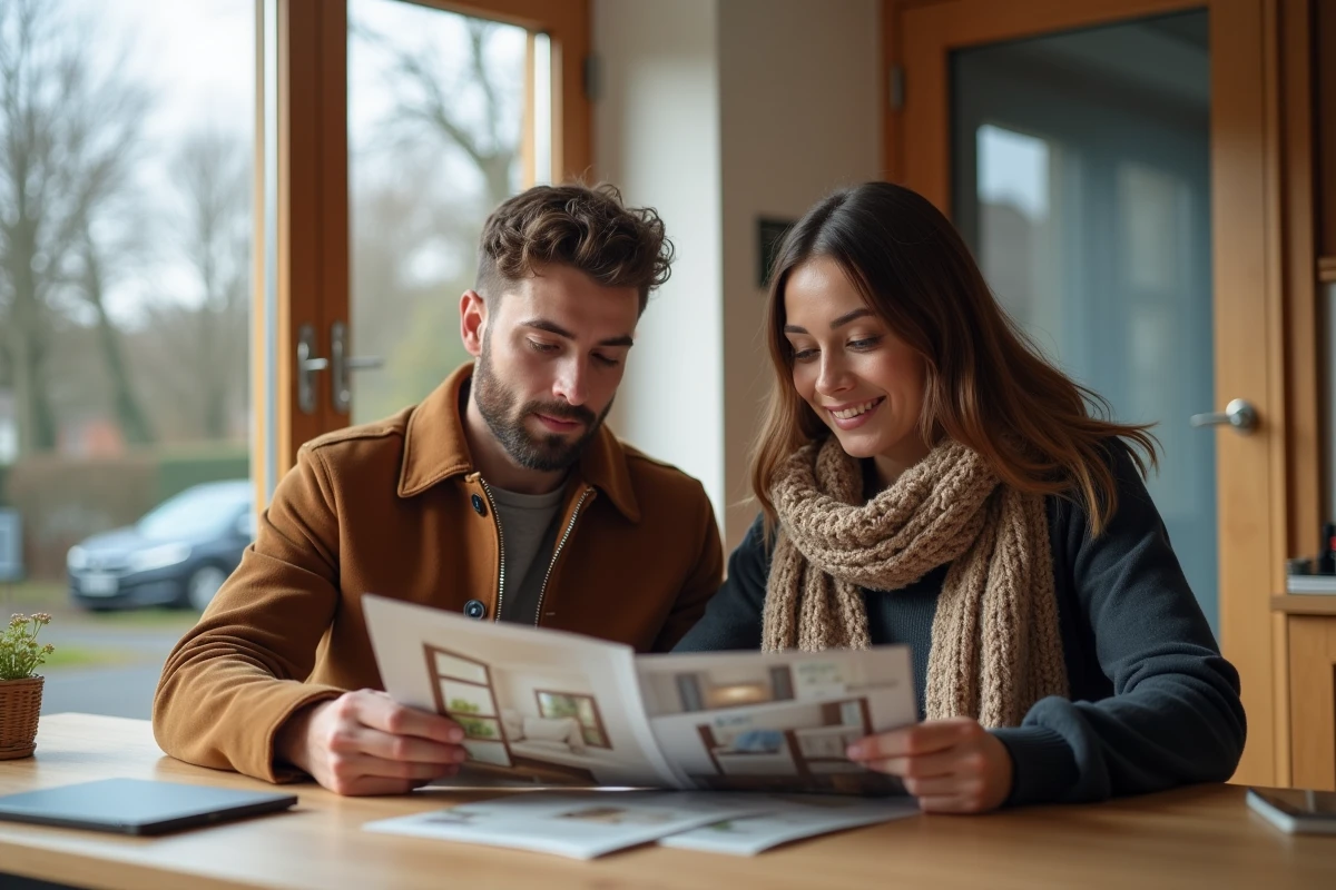 Jeune couple examinant des brochures de portes d