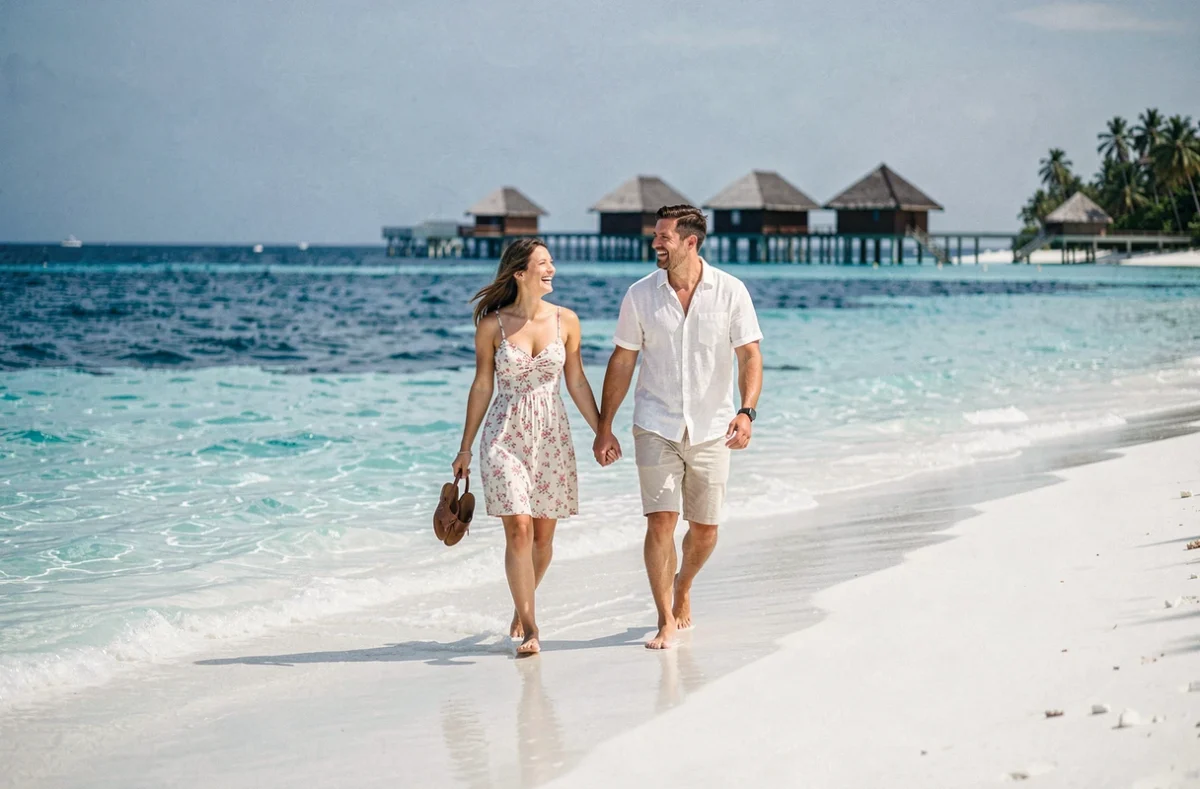 Couple se promenant pieds nus sur une plage de sable blanc aux Maldives avec des bungalows sur pilotis en arrière-plan