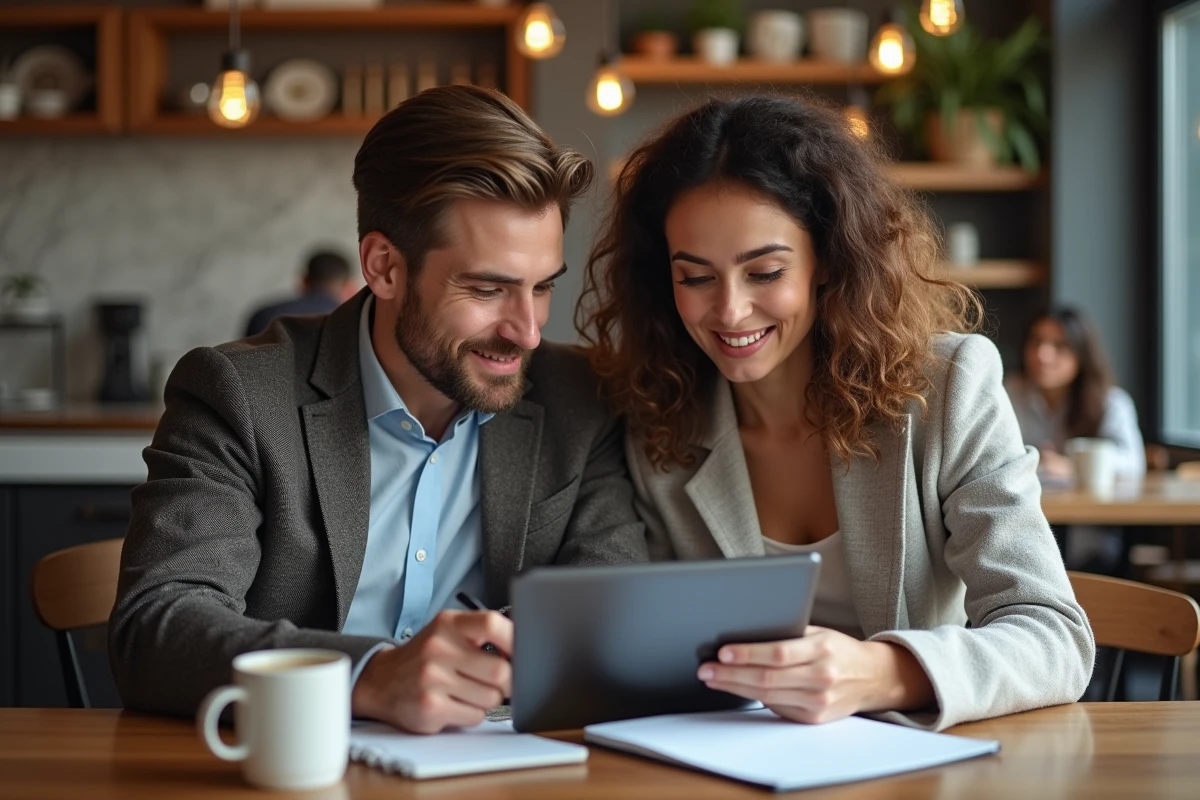 Un couple prépare la négociation de leur taux immobilier Casden autour d'une simulation de prêt dans un café