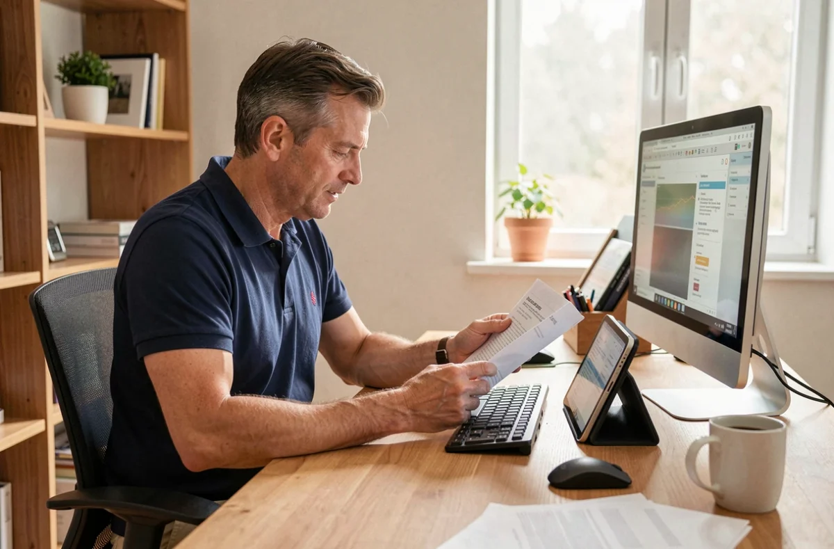 Homme consultant un guide de dépannage sur tablette pour accéder à un portail RH depuis son bureau à domicile