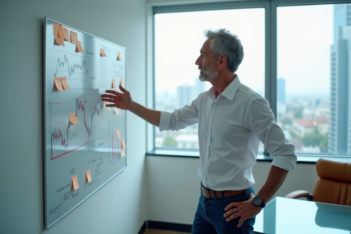 Homme d'affaires expérimenté analysant des diagrammes de stratégie sur un tableau blanc dans un bureau minimaliste en hauteur