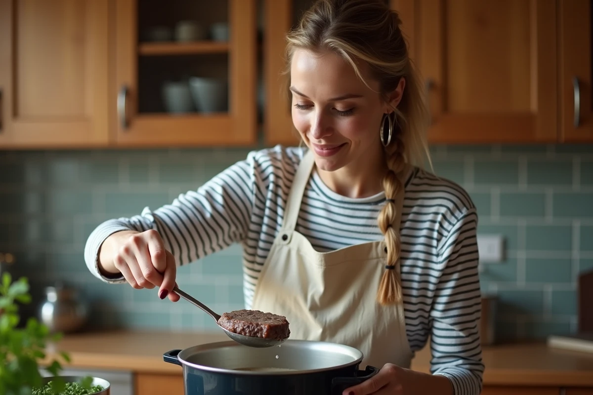 Femme écumant la mousse grise d'un bouillon de viande de bœuf blanchie dans une casserole à la maison