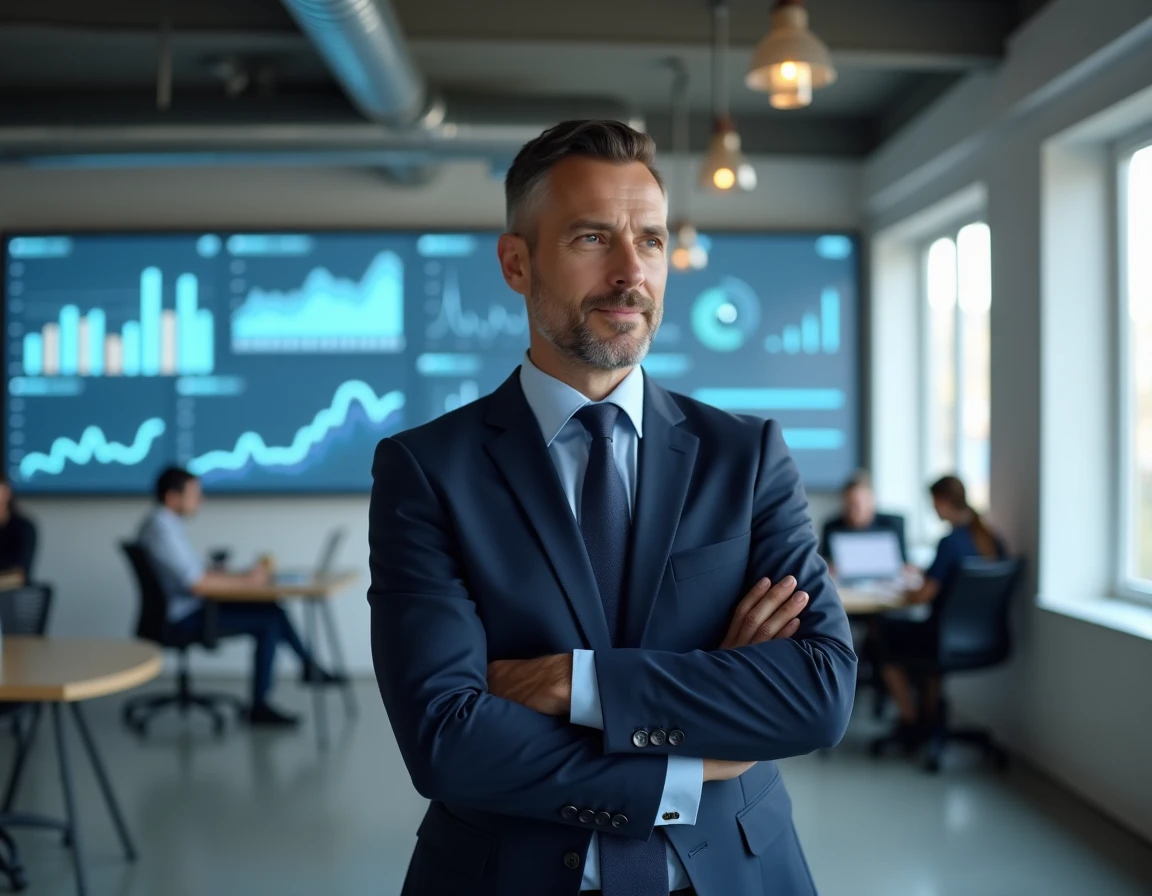 Entrepreneur présentant des données et tendances économiques sur un écran numérique dans une startup