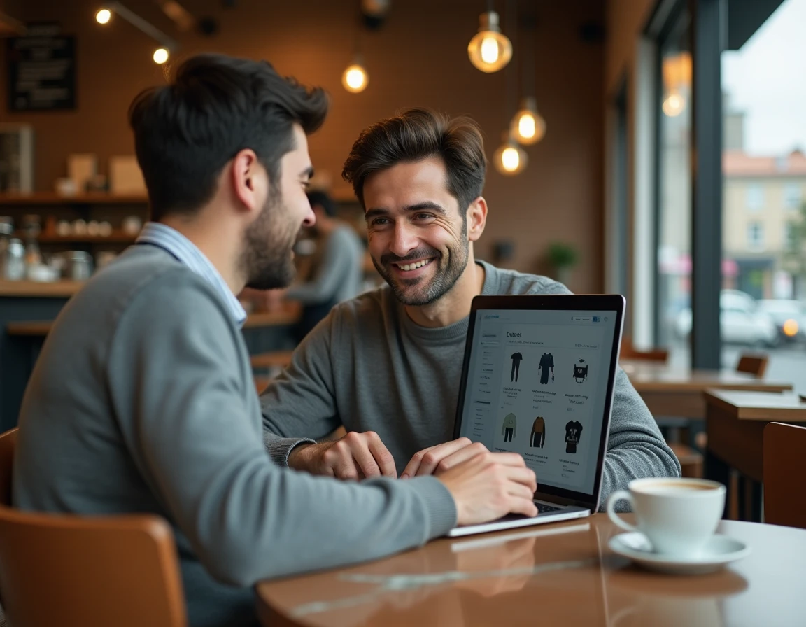 Homme entrepreneur travaillant sur les tendances du commerce en ligne dans un café urbain avec un ordinateur portable