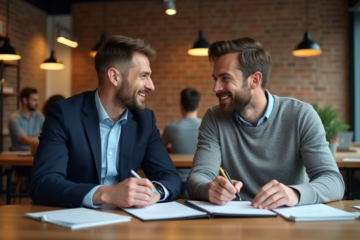 Deux entrepreneurs collaborant sur une stratégie commerciale dans un espace de coworking moderne avec murs en briques apparentes
