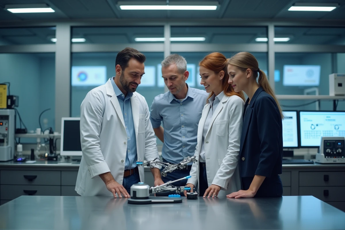 Équipe de chercheurs collaborant autour d'un bras robotique intelligent dans un laboratoire de R&D technologique