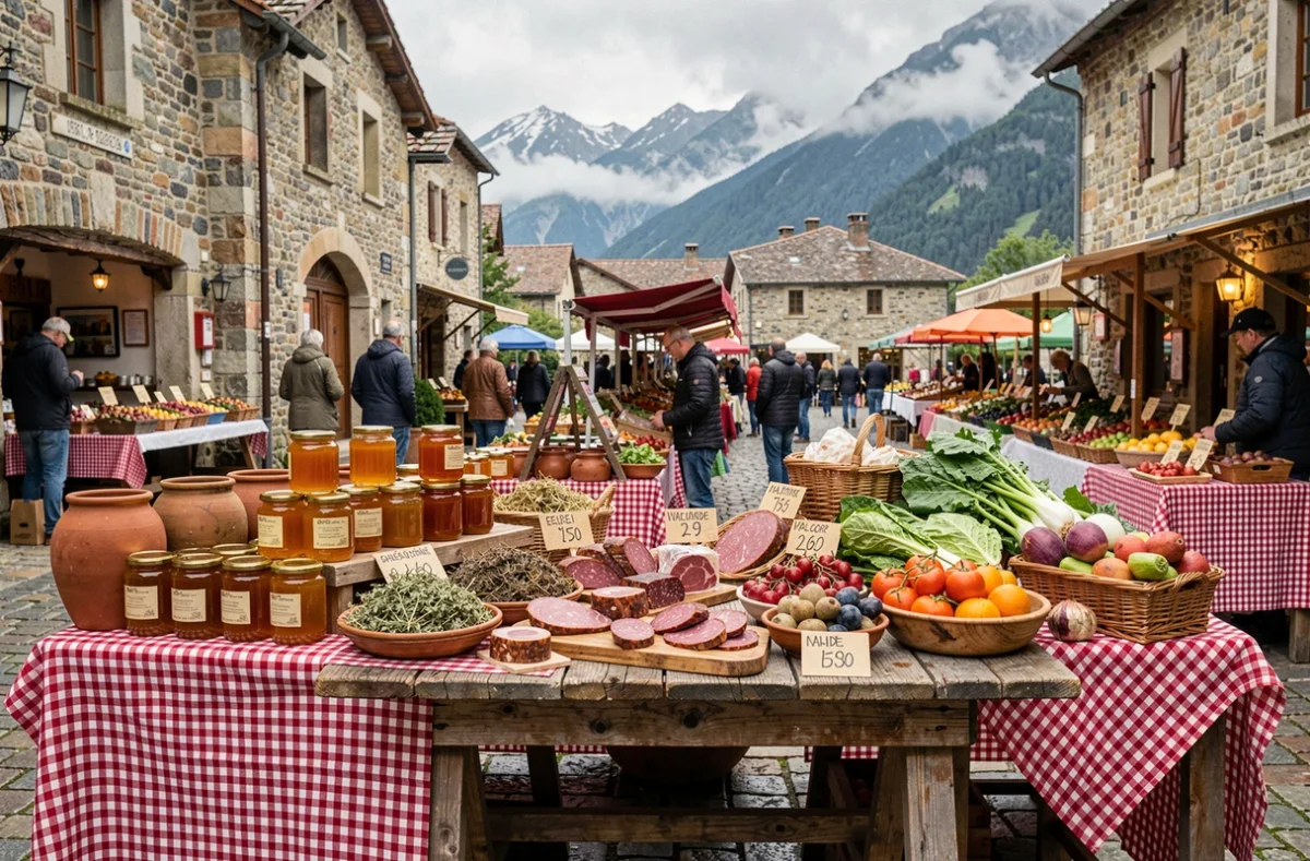 Étal de marché local avec produits du terroir pyrénéen à Argelès-Gazost, miel, herbes et charcuterie