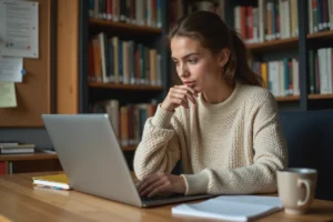 Étudiante remplissant un dossier d'inscription universitaire en ligne via la plateforme eCandidat sur un ordinateur portable, dans un appartement étudiant au Mans