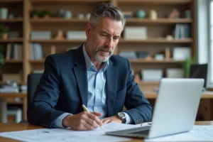Expert en architecture examinant des plans dans un bureau