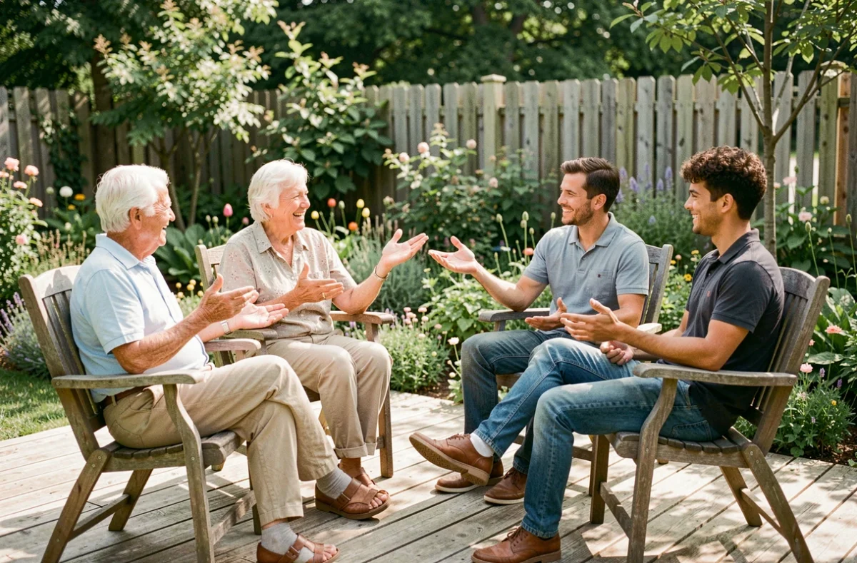 Famille multigénérationnelle réunie en cercle sur une terrasse en bois pour une conversation animée en plein air
