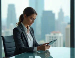 Femme d'affaires analysant des graphiques financiers sur une tablette dans un bureau moderne en 2024