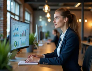 Femme professionnelle analysant des tendances de business en ligne sur un écran courbe dans un bureau moderne