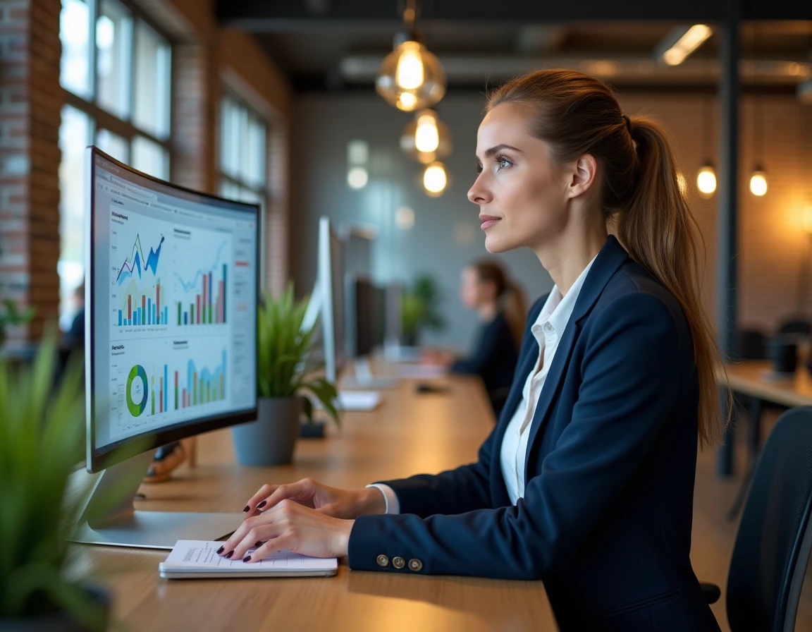 Femme professionnelle analysant des tendances de business en ligne sur un écran courbe dans un bureau moderne