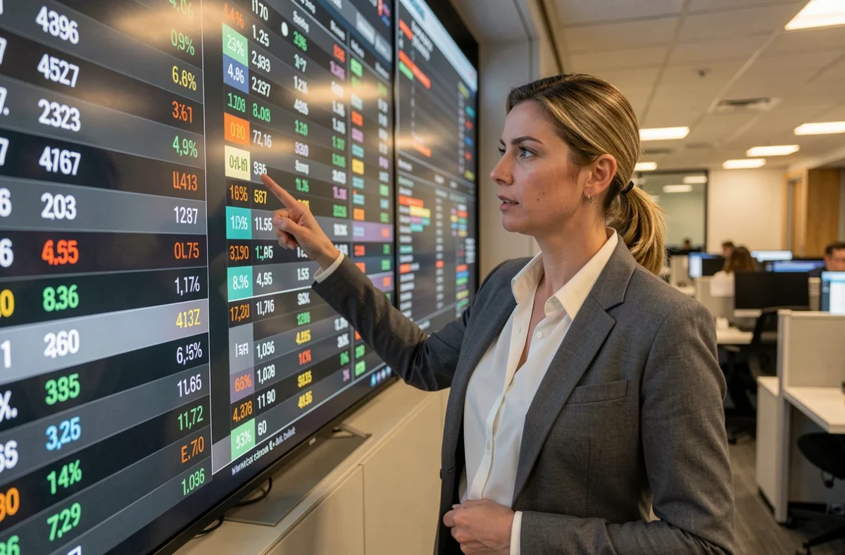 Femme analyste sur un plateau de trading observant les indices boursiers et les données financières en temps réel