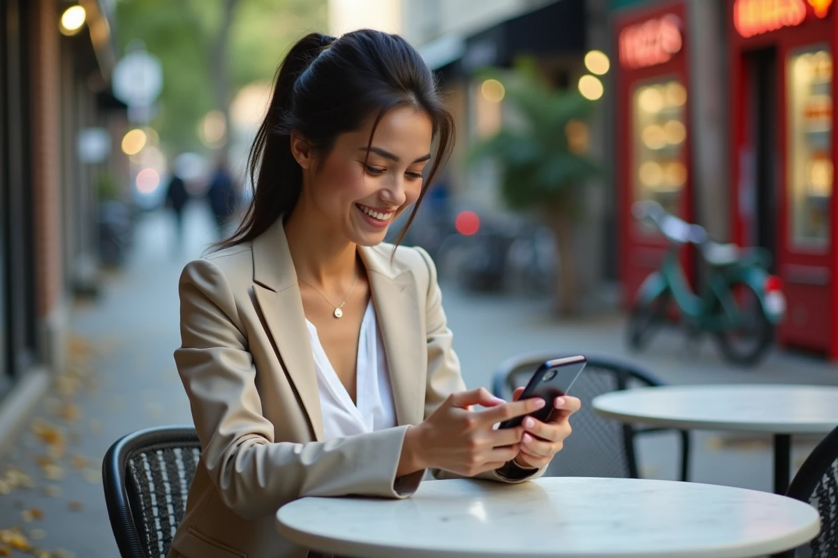 Femme souriante utilisant une application mobile devant un distributeur pizza