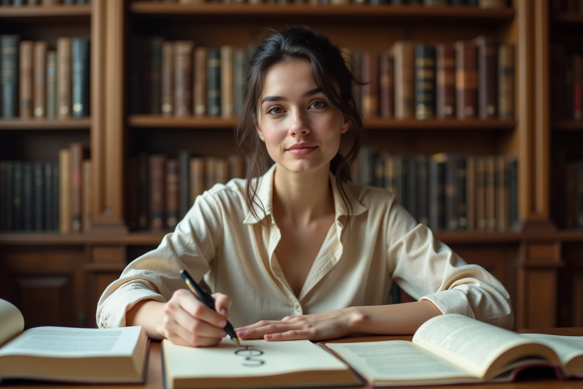 Jeune femme dessinant le symbole infini lemniscate à la plume dans une bibliothèque universitaire ancienne