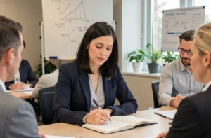 Femme en formation professionnelle prenant des notes lors d'un atelier en entreprise