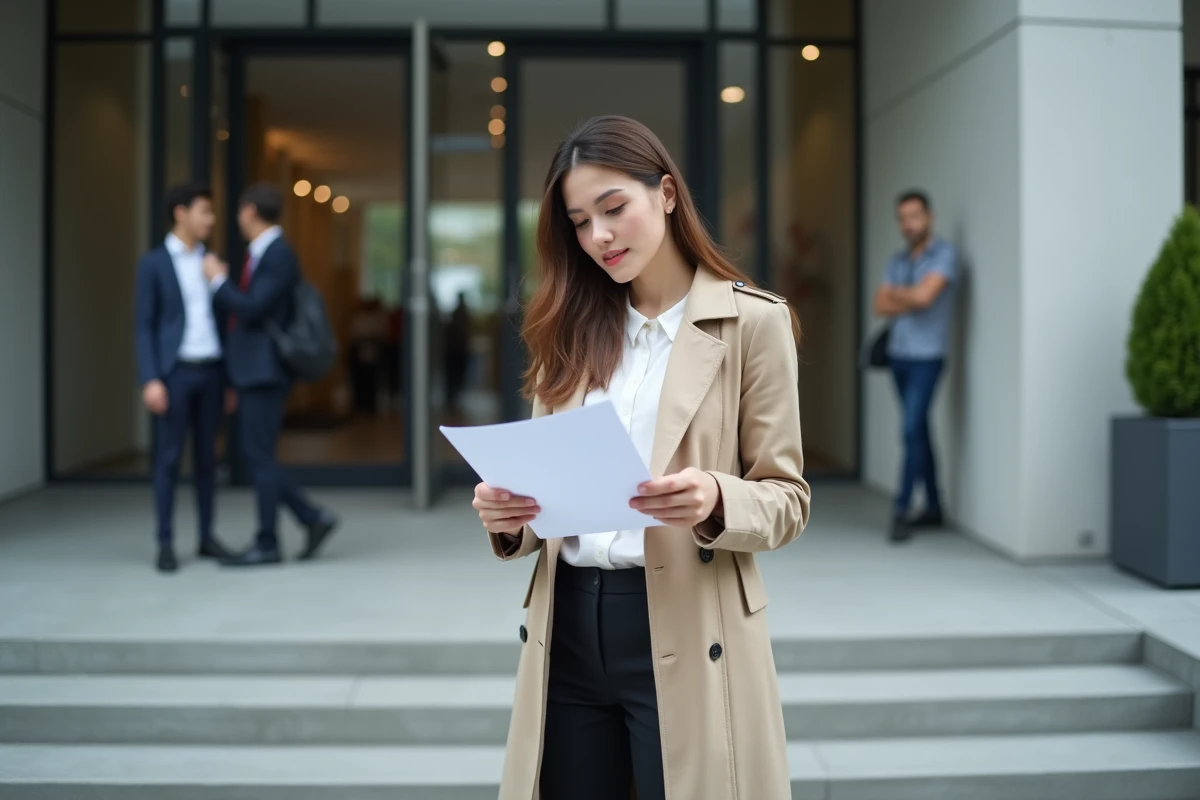 Jeune femme lisant une lettre de refus de financement de formation devant les locaux de Pôle emploi