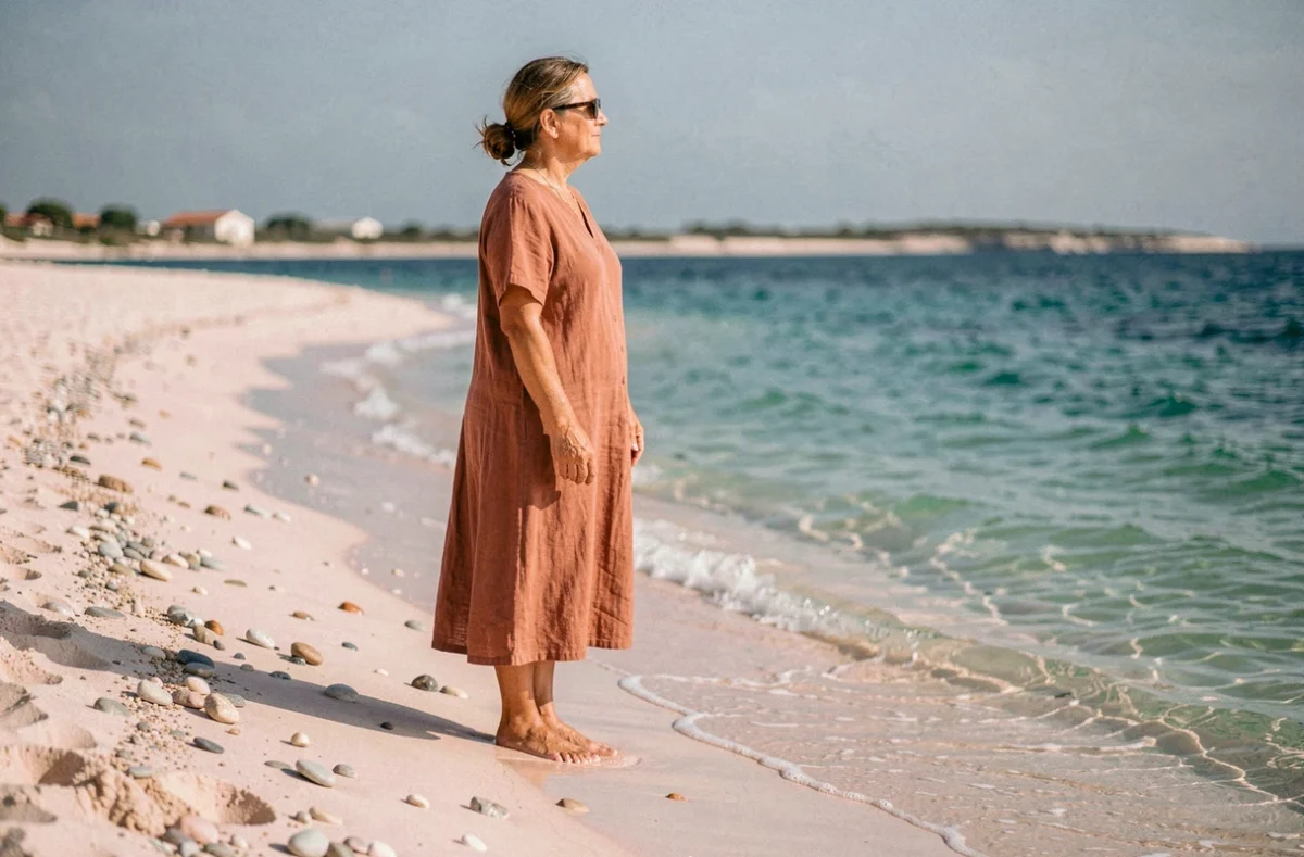 Femme contemplant les eaux de la plage de Balos en Crète, pieds nus sur le sable rose caractéristique du lagon