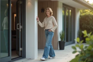 Femme regardant une porte d'entrée moderne devant sa maison