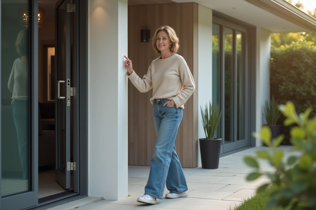 Femme regardant une porte d'entrée moderne devant sa maison