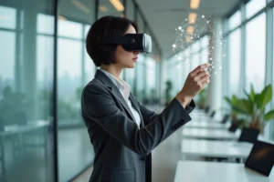 Femme professionnelle testant un casque de réalité augmentée dans un bureau technologique moderne