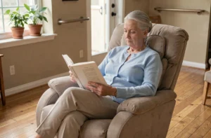 Femme senior confortablement installée dans un fauteuil ergonomique avec coussin lombaire dans un salon aménagé pour le bien-être à domicile