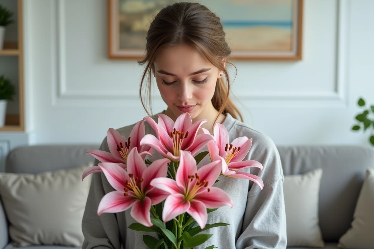 Femme qui sent un bouquet de lys roses stargazer dans un salon, expression naturelle