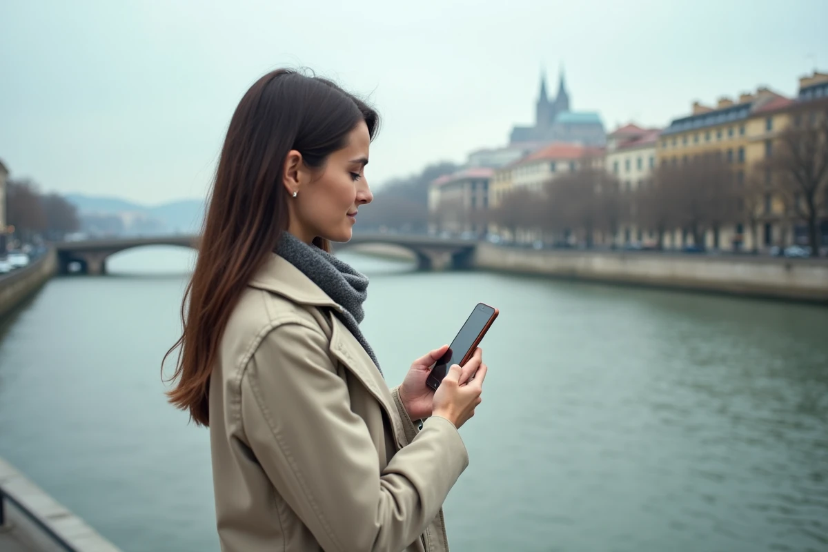 Femme consultant l'application OnVaSortir sur son smartphone en bord de Rhône à Lyon