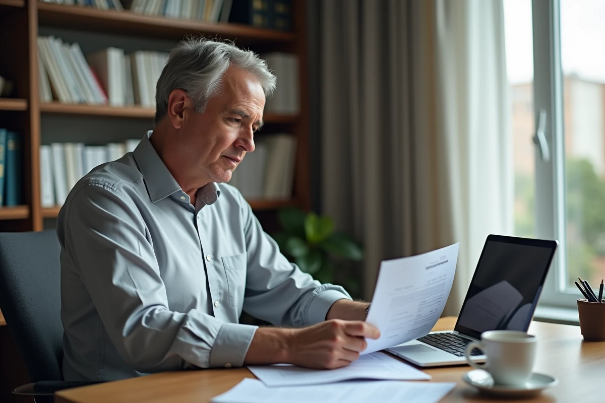 Homme gérant la clôture d'un compte titres en ligne depuis son bureau à domicile