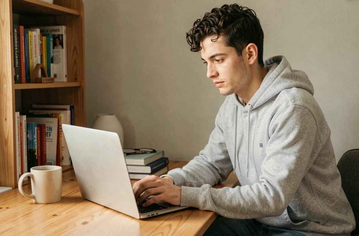 Jeune homme suivant une formation en ligne pour obtenir une certification professionnelle depuis chez lui
