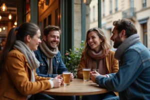 Groupe d'amis se retrouvant dans un café du Vieux-Lyon grâce à OnVaSortir, ambiance conviviale et sociale