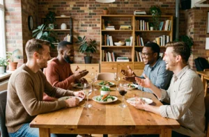 Groupe d'amis adultes autour d'une table en bois qui discutent et rient lors d'un repas convivial dans un appartement moderne