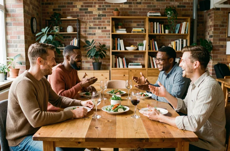 Groupe d'amis adultes autour d'une table en bois qui discutent et rient lors d'un repas convivial dans un appartement moderne