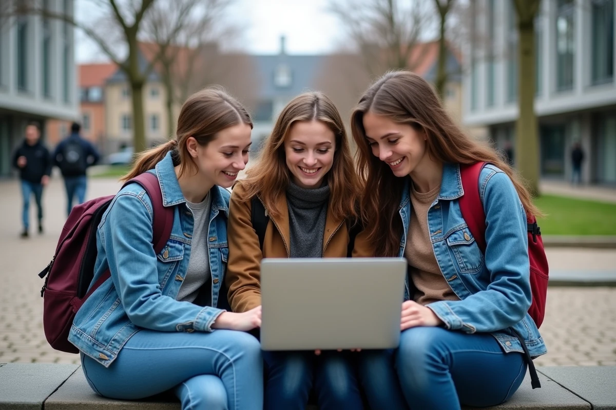 Groupe d'étudiants consultant ensemble la plateforme eCandidat sur un ordinateur portable dans la cour extérieure du campus universitaire du Mans