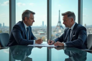 Homme d'affaires en costume bleu dans un bureau parisien
