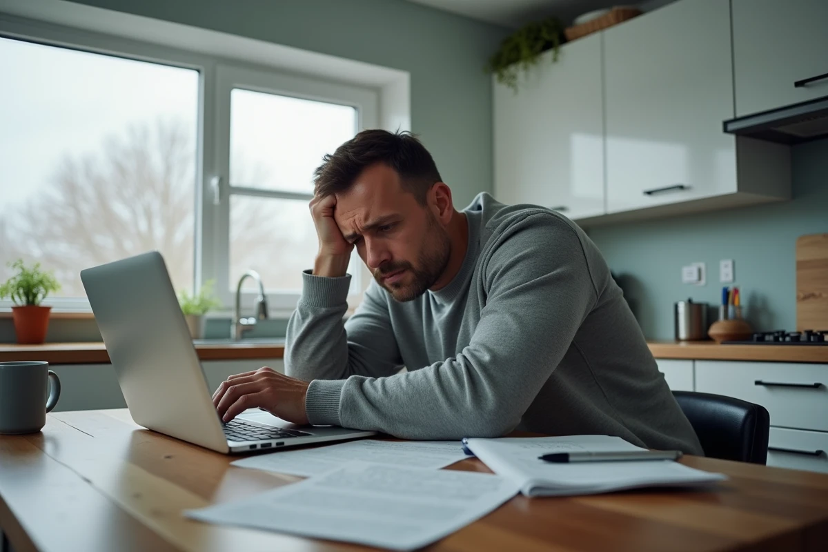 Homme à domicile consultant des documents de demande de financement de formation refusée par Pôle emploi
