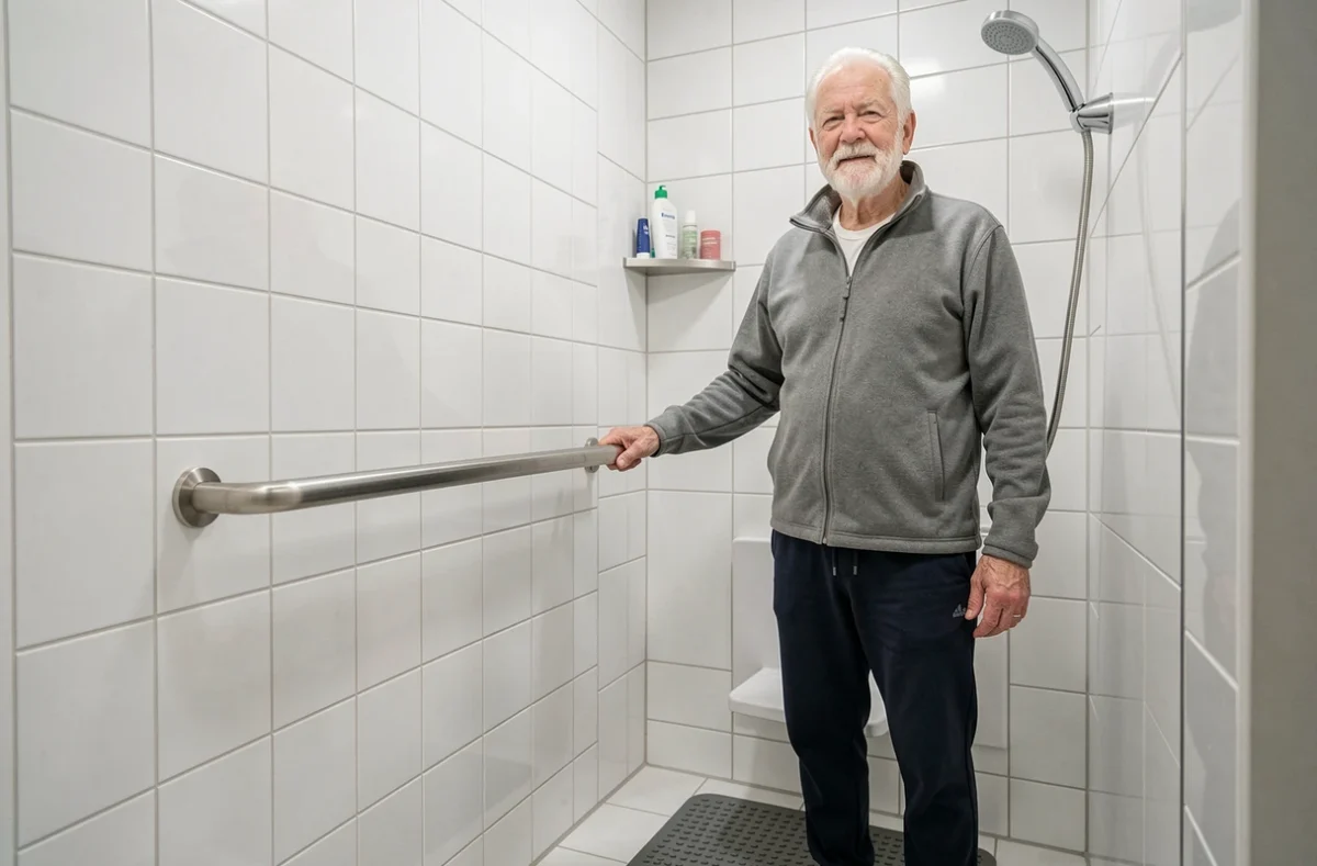 Homme senior utilisant une barre d'appui dans une salle de bain adaptée équipée de siège de douche et tapis antidérapant pour la sécurité à domicile