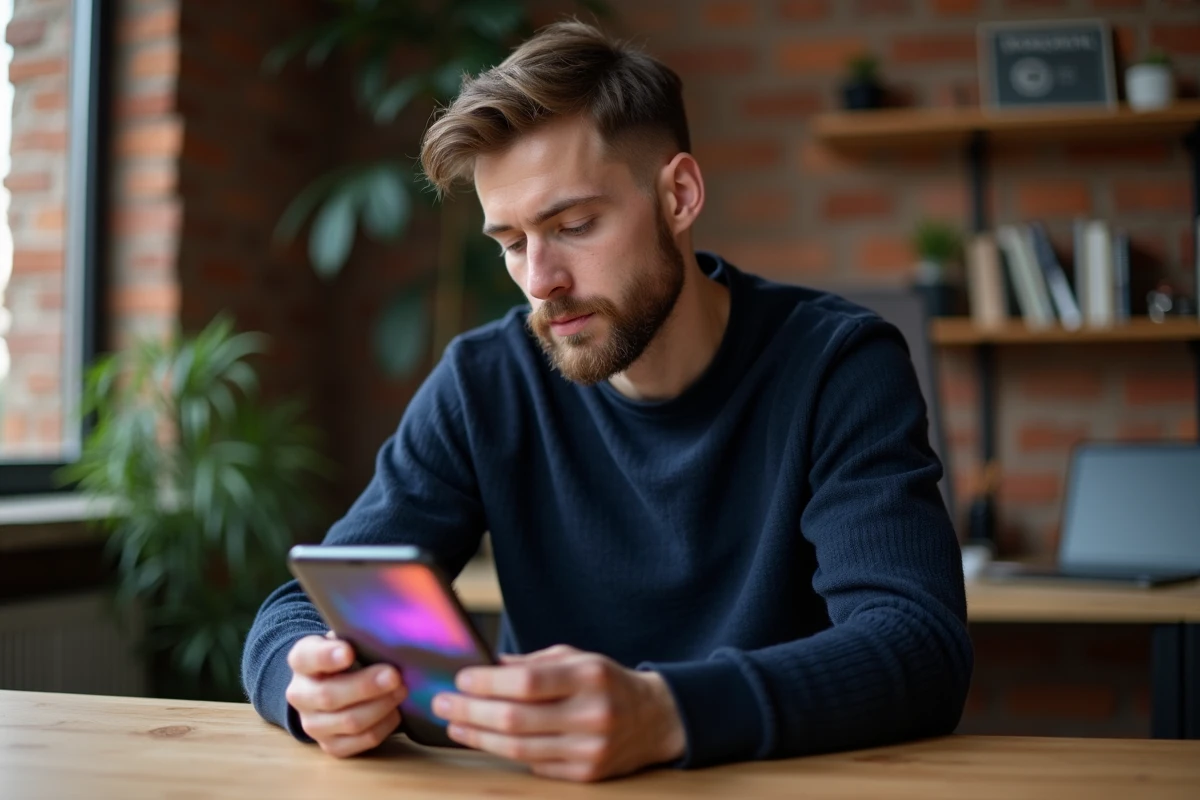 Homme découvrant un smartphone pliable nouvelle génération dans un studio créatif à domicile