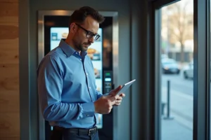 Homme d'affaires vérifiant une tablette près d'un distributeur pizza