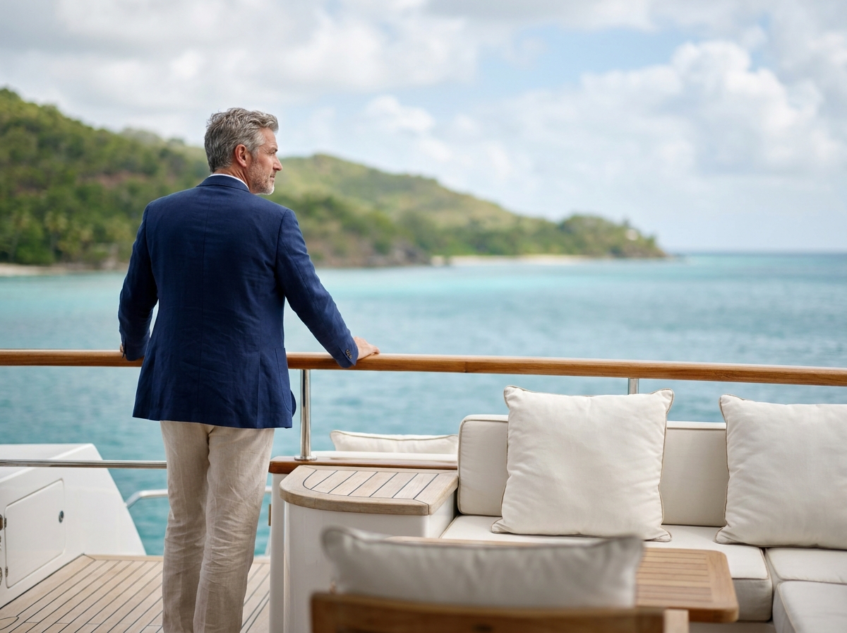 Homme en blazer sur un yacht regardant une île tropicale