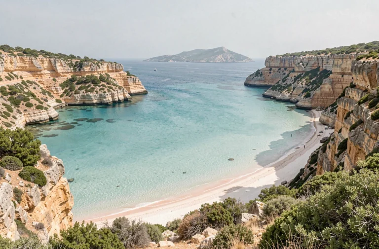 Vue panoramique du lagon de Balos en Crète avec ses eaux turquoise peu profondes et ses falaises calcaires sauvages
